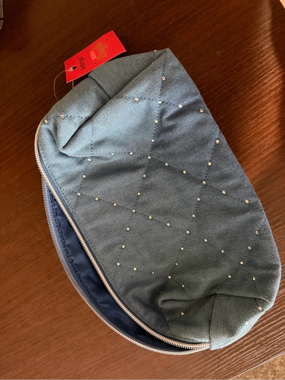 Blue Women's Jeweled Quilted Denim Makeup Bag